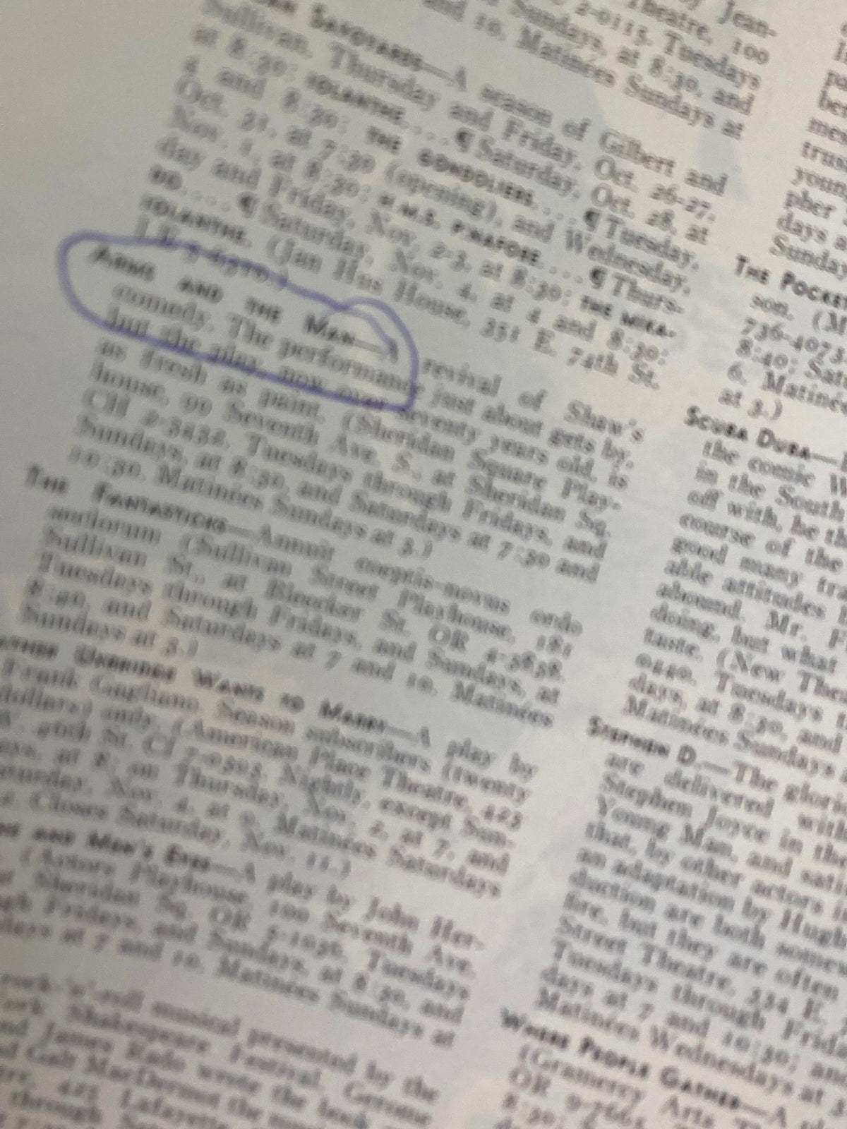 Image showing a page from The New Yorker magazine dated October 28, 1967, featuring a highlighted section discussing the play 'Arms and the Man'. The magazine titled 'The Withing Hour by Abe Burnbaum' showcases various events and performances from that time.