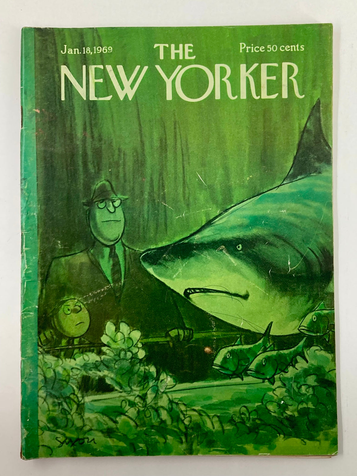 Cover of The New Yorker Full Magazine January 18 1969 featuring artwork by Charles Saxon, depicting a shark and characters in a green-toned illustration.