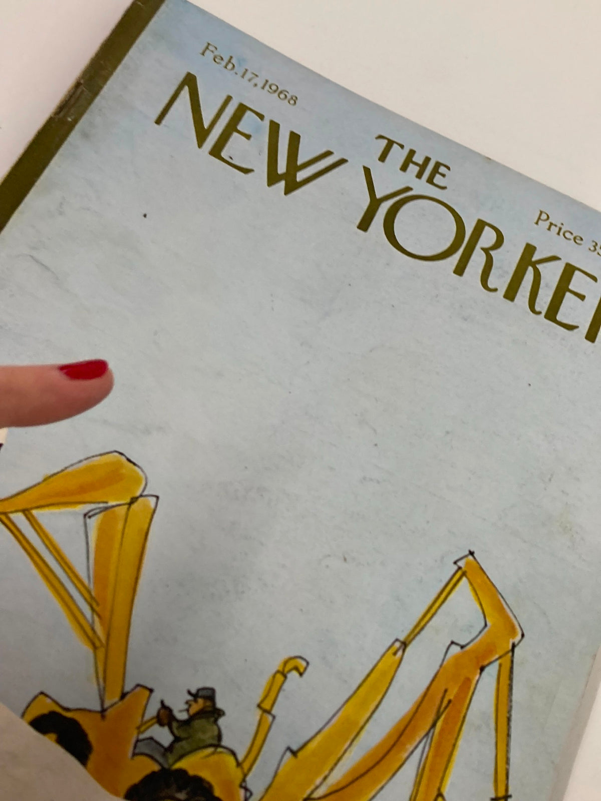 Close-up view of the cover of The New Yorker magazine from February 17, 1968, highlighting the illustration 'Plowing Snow' by James Stevenson.