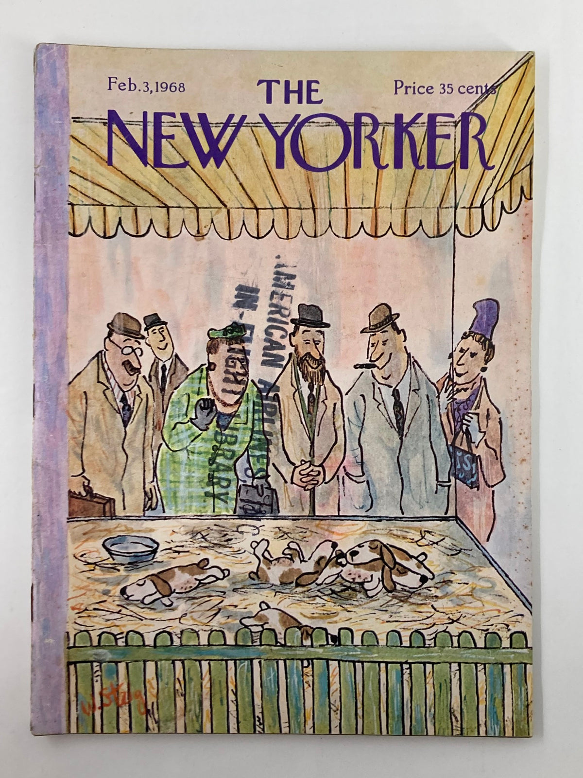 The New Yorker Full Magazine February 3, 1968 cover featuring a whimsical illustration titled 'Puppies for Sale' by William Steig, showcasing a group of animated characters admiring puppies.