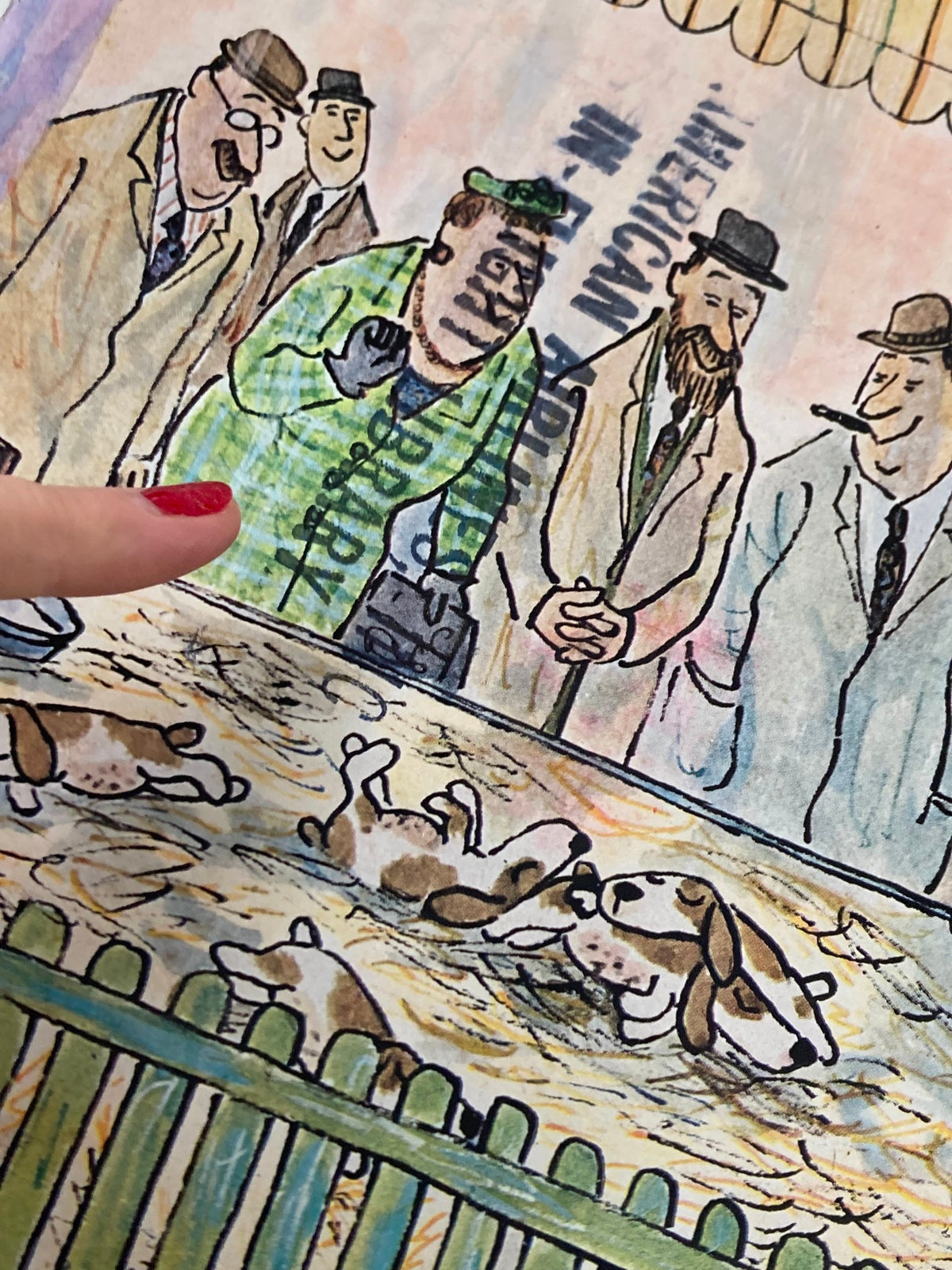Close-up view of The New Yorker Full Magazine February 3, 1968 cover artwork, depicting a character in a green coat at a puppy sale, highlighted by the playful whimsy of William Steig's illustration.
