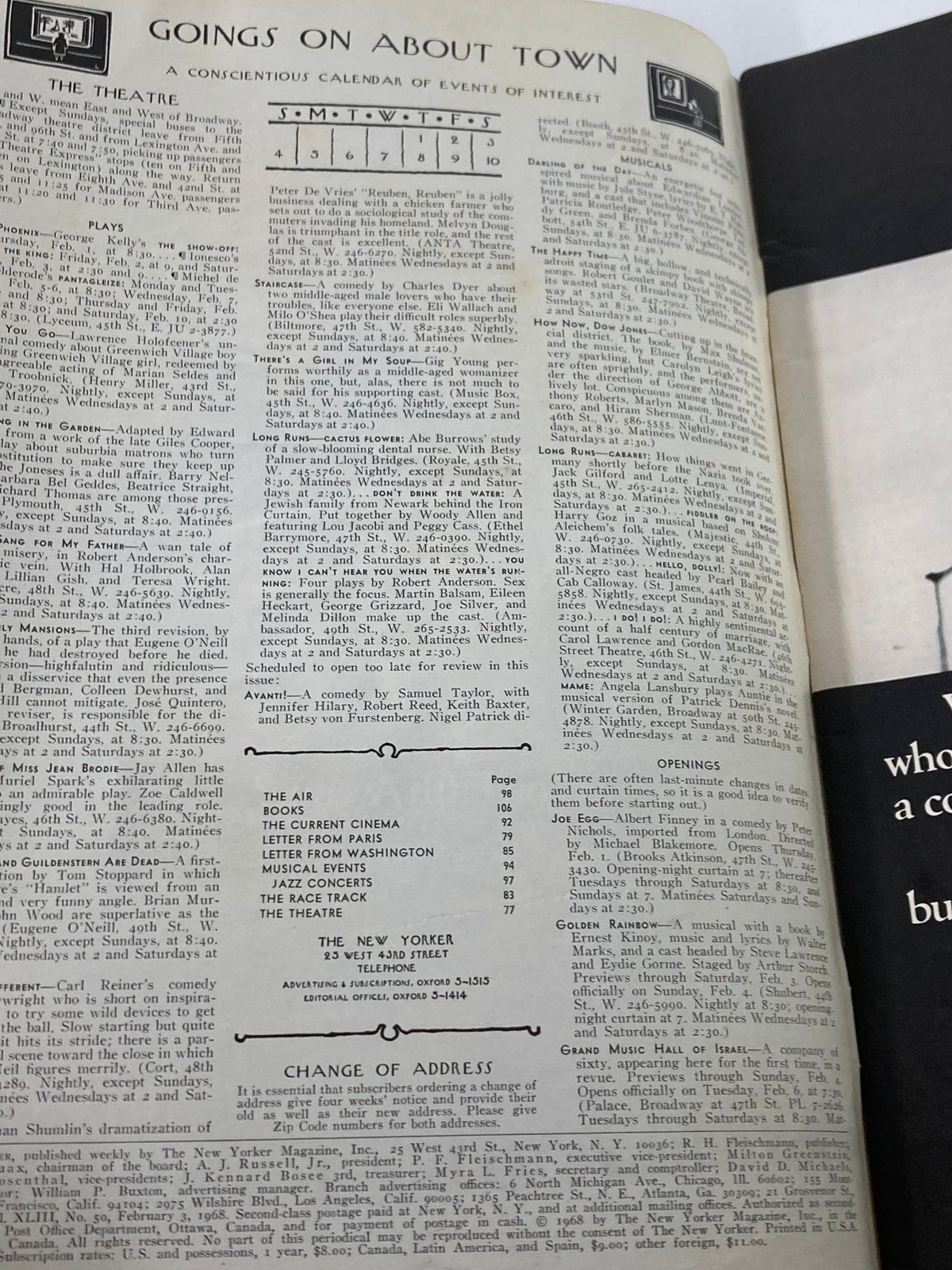 Inside page of The New Yorker Full Magazine February 3, 1968, featuring the 'Goings On About Town' section, listing events and entertainment in New York, encapsulating the cultural essence of the 1960s.