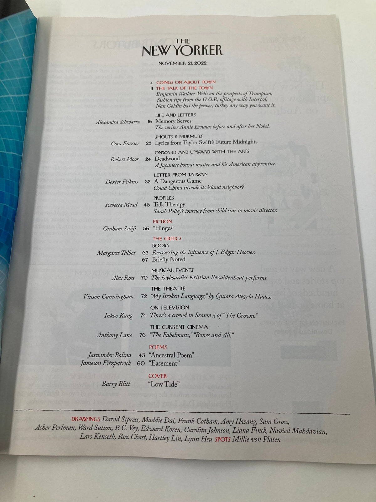 Table of contents for The New Yorker magazine issue dated November 21, 2022 featuring the title Low Tide by Barry Blitt. Highlights include various article titles and contributors.