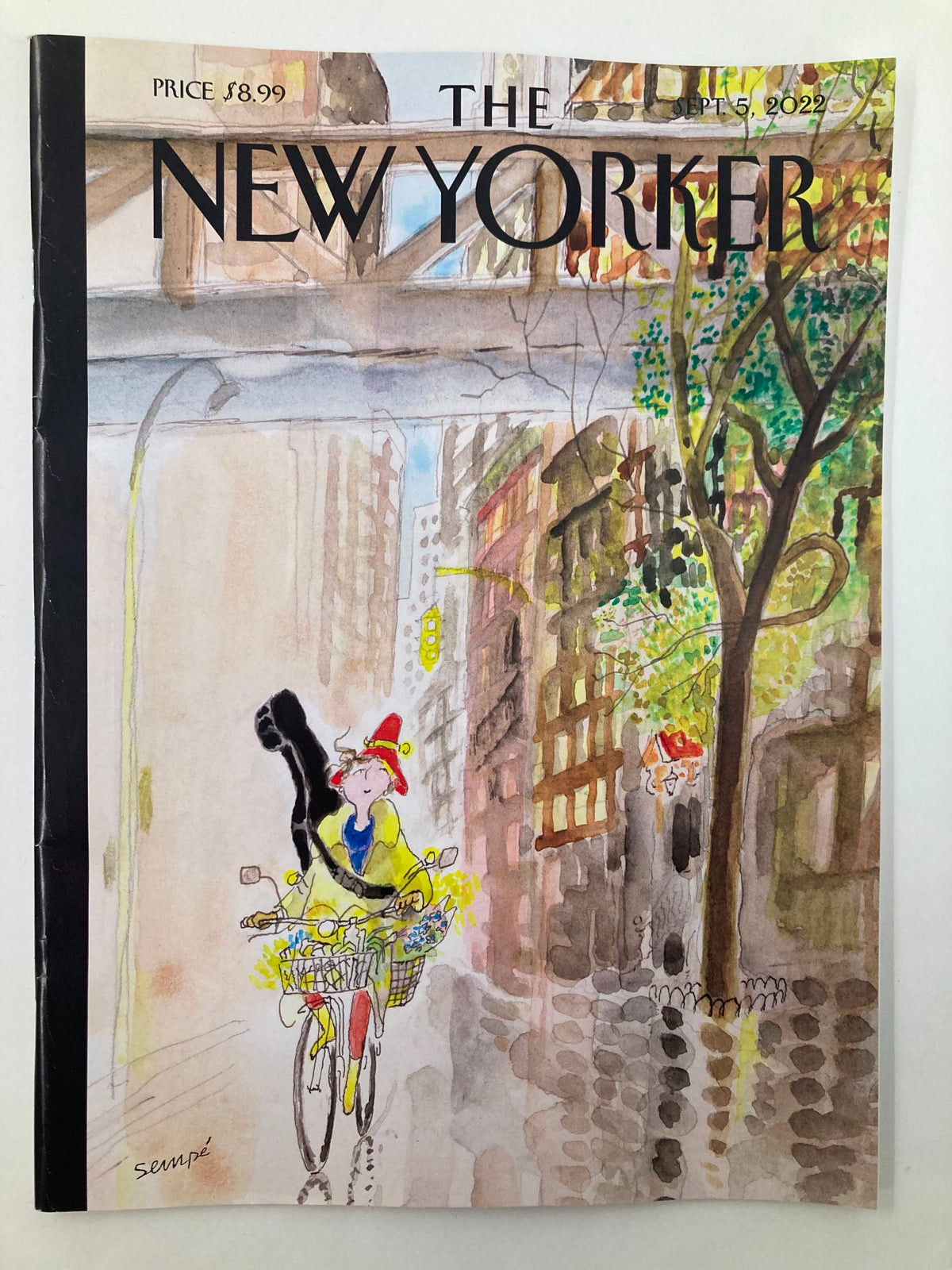 Cover of The New Yorker Full Magazine September 5 2022 featuring a watercolor illustration by J.J. Sempé of a woman riding a bicycle in a cityscape, reflecting the theme of Morning Music.