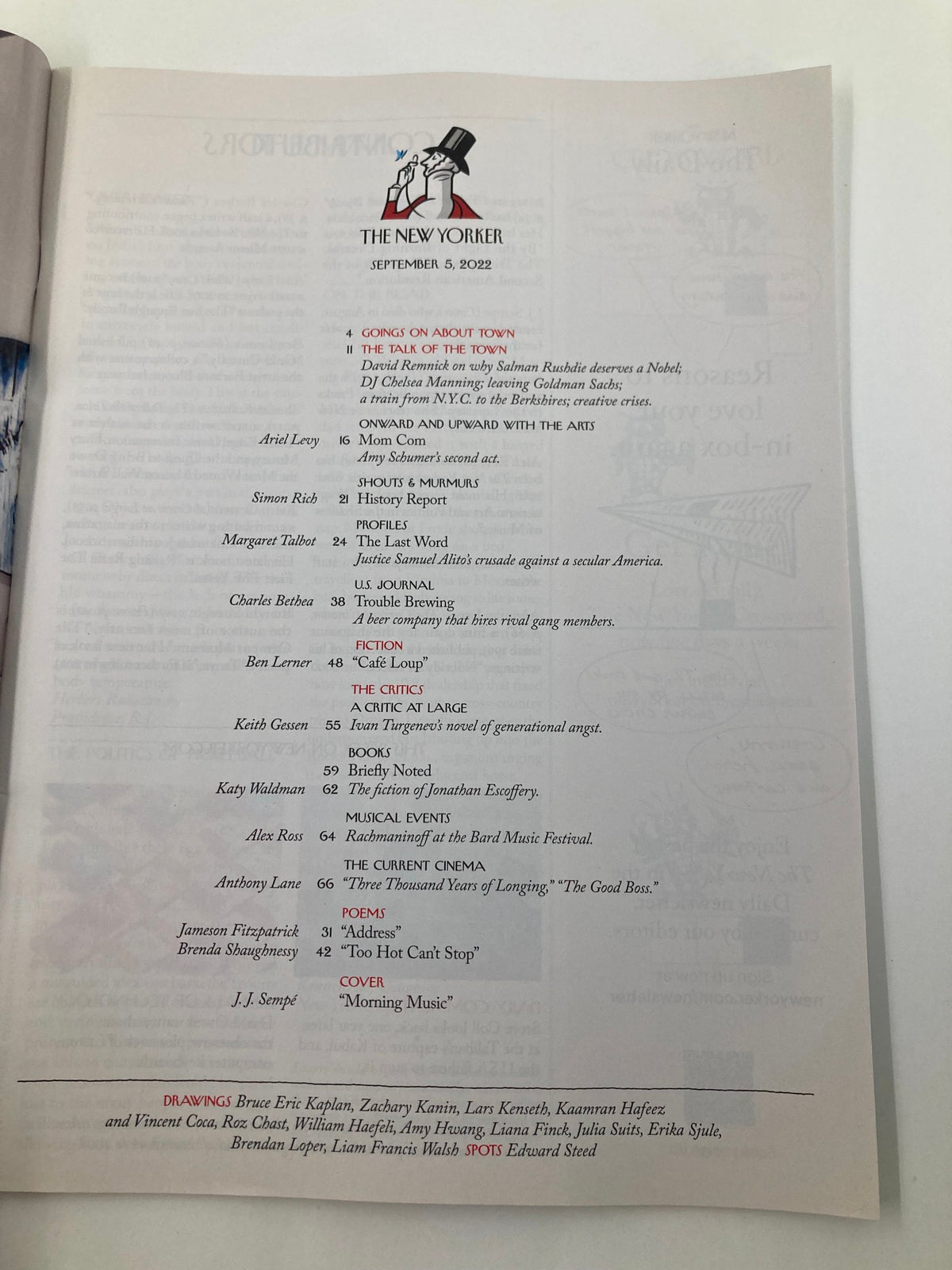 Table of contents page from The New Yorker Full Magazine September 5 2022, listing articles including 'The Talk of the Town' and features such as 'Going About Town', capturing the magazine's cultural commentary.