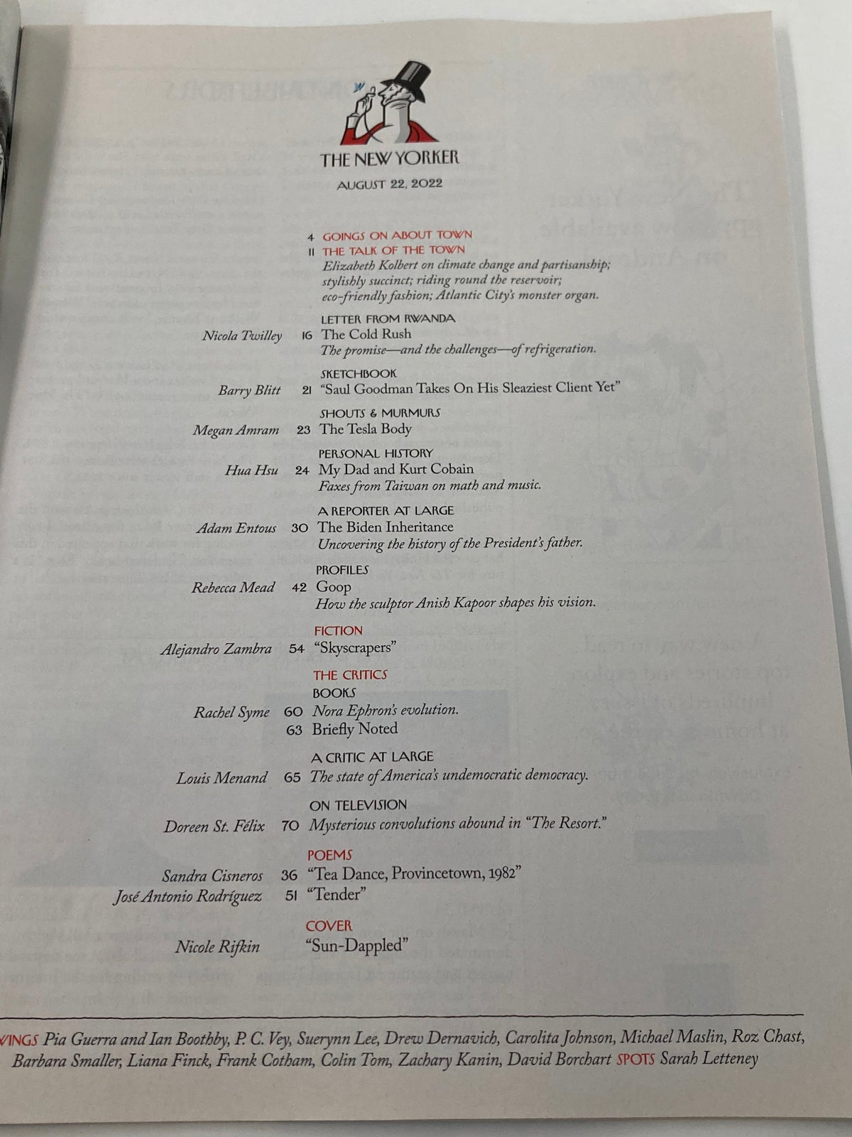Interior page of The New Yorker Full Magazine August 22 2022 listing article titles, featuring the cover story 'Sun-Dappled' by Nicole Rifkin.