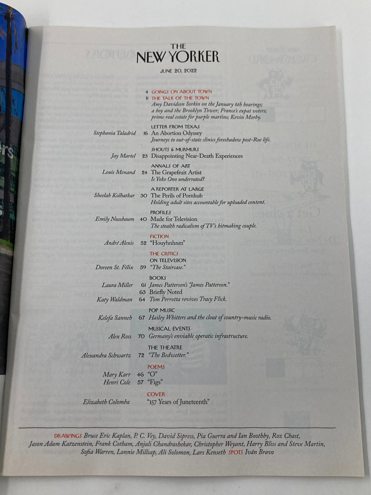 Table of contents page from The New Yorker Full Magazine June 20, 2022, detailing articles and features, including discussions on Juneteenth.