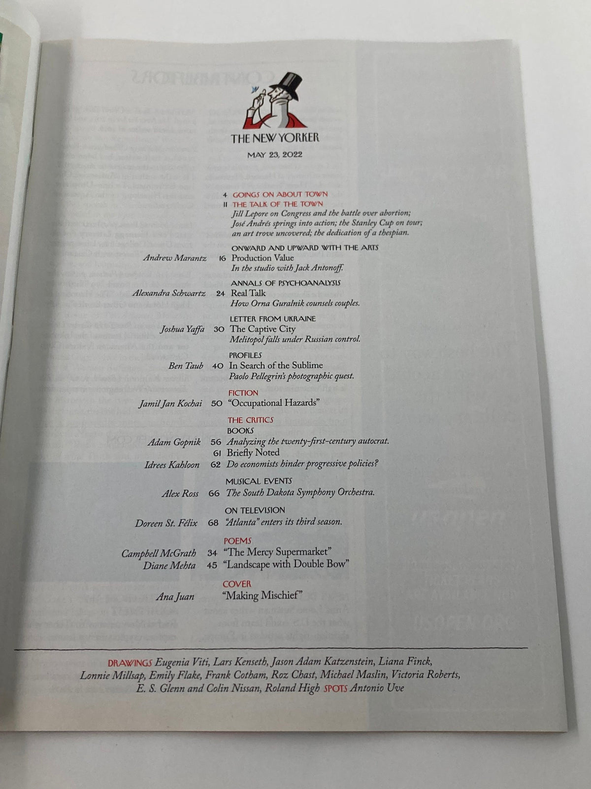 The New Yorker Full Magazine May 23 2022 Table of Contents featuring articles such as Going on About Town and Making Mischief by Ana Juan.