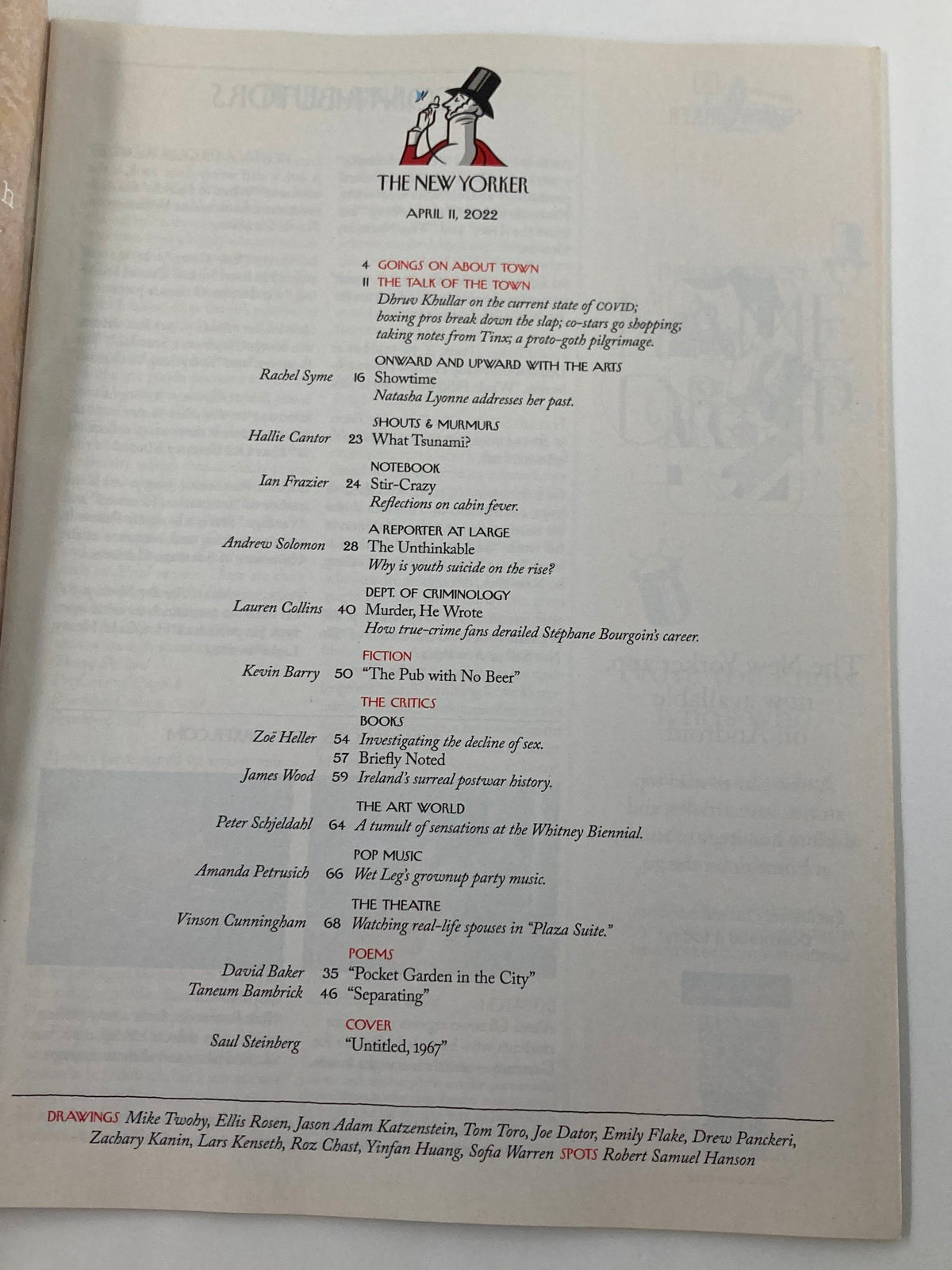 Table of contents from The New Yorker Full Magazine April 11, 2022, detailing various articles and features, including the cover art 'Untitled 1967' by Saul Steinberg.