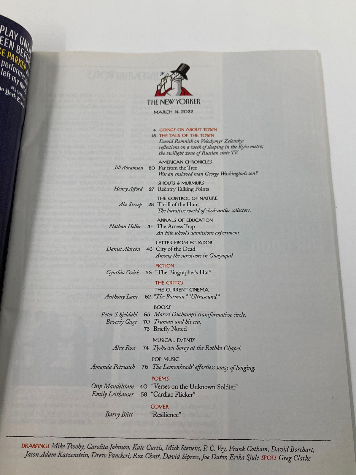 Table of contents page from The New Yorker Full Magazine March 14, 2022, listing stories and contributors, including the cover story 'Resilience' by Barry Blitt.