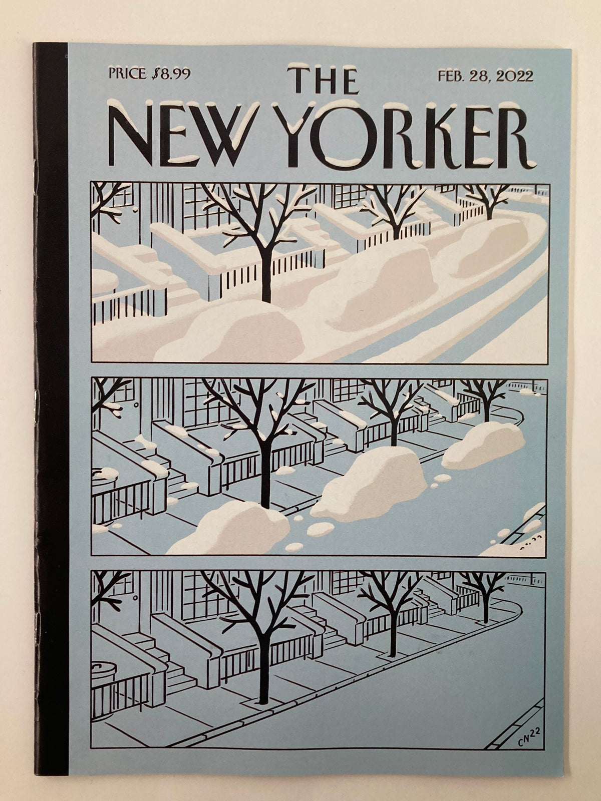 The New Yorker Full Magazine February 28, 2022, featuring the cover illustration by C. Niemann, depicting a winter scene with snow-covered streets.
