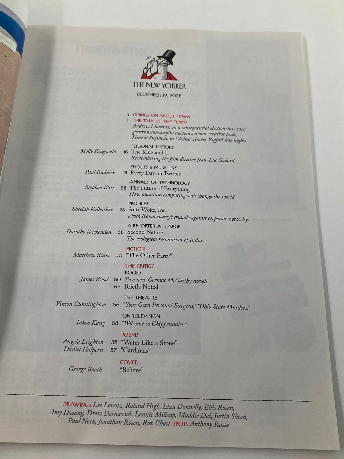 Interior page of The New Yorker Full Magazine December 19, 2022, displaying the table of contents featuring various articles and illustrations.