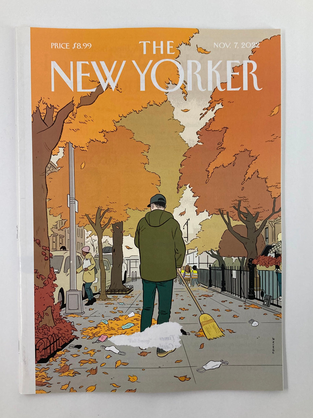 The New Yorker Full Magazine November 7 2022 Fall Sweep by Adrian Tomine, featuring a vibrant autumn scene with leaves and a person walking their dog.