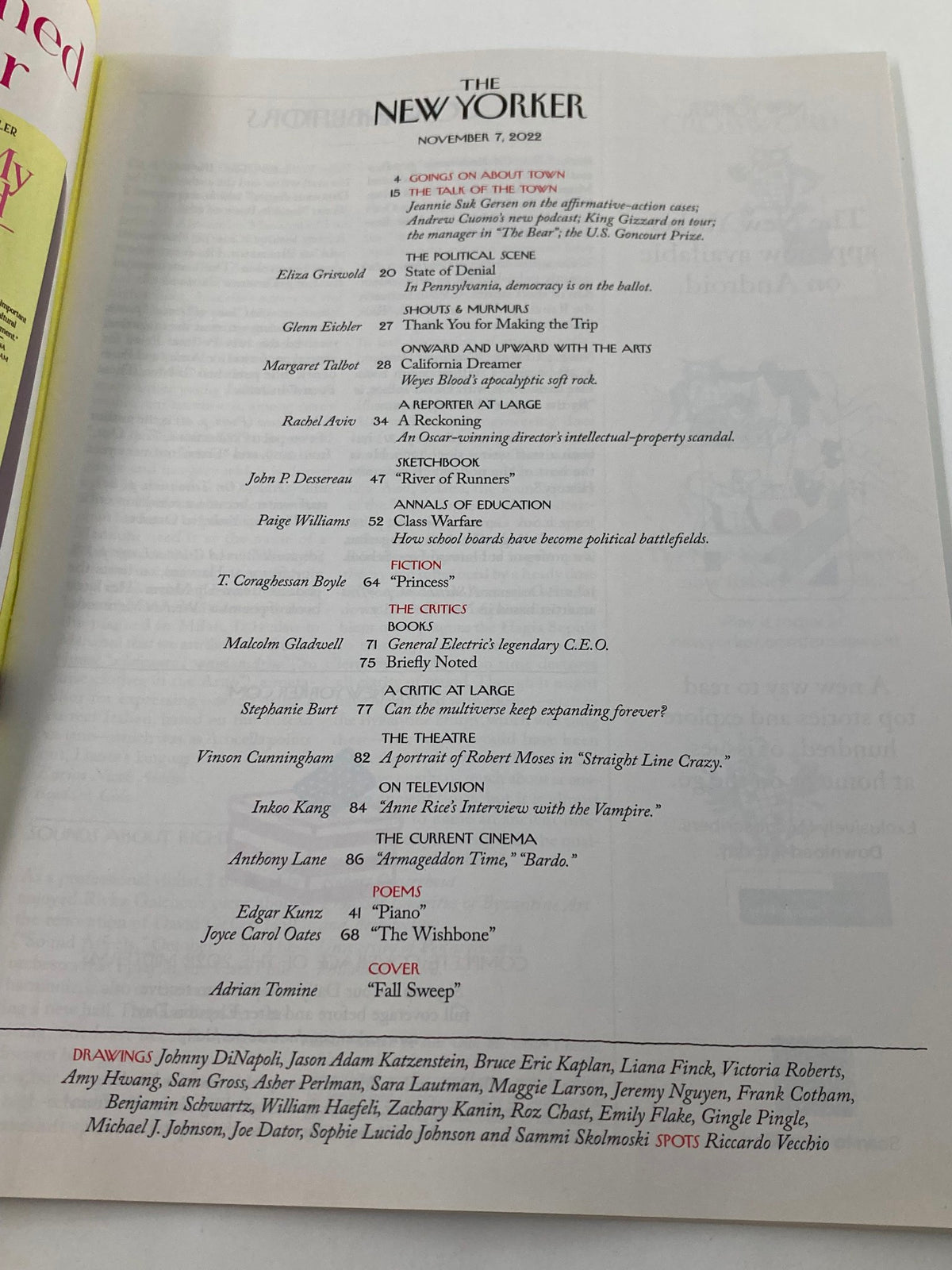 Table of contents for The New Yorker Full Magazine November 7 2022 Fall Sweep by Adrian Tomine, listing articles and features within the issue.
