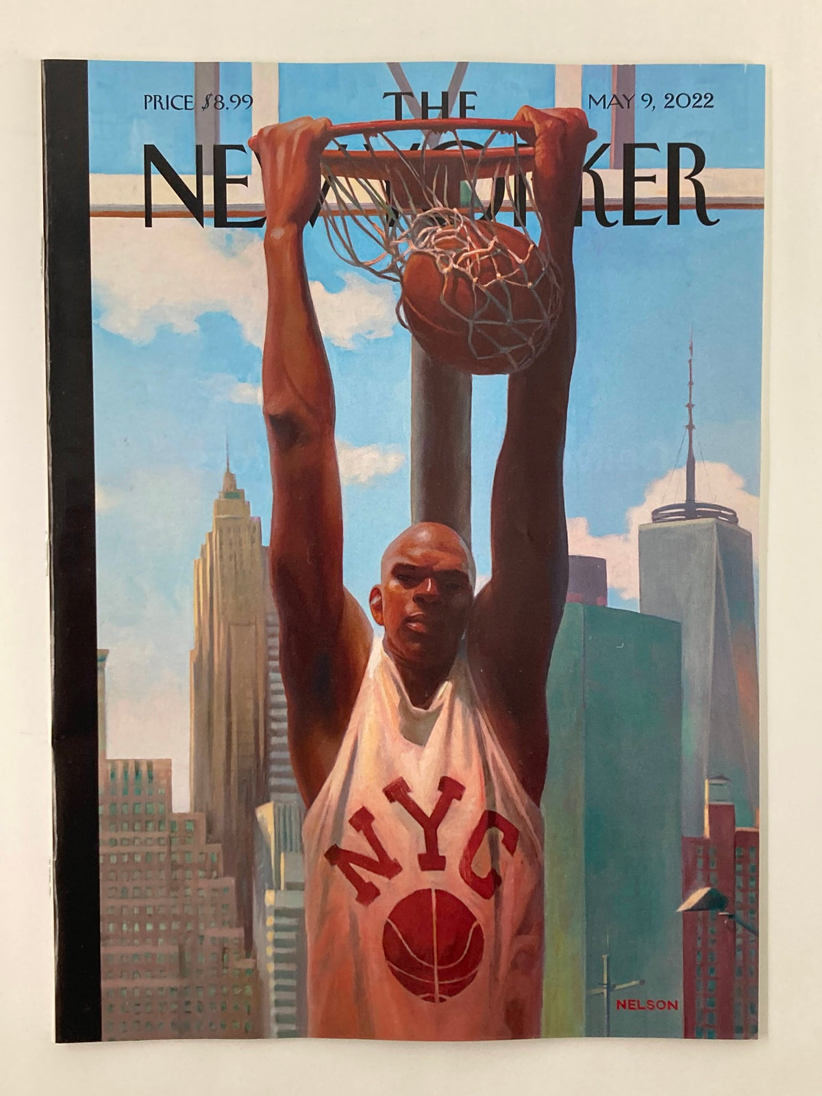 The New Yorker Full Magazine May 9 2022 featuring the striking cover art titled 'Hang Time' by Kadir Nelson, showcasing a basketball player hanging on a hoop against a backdrop of the New York City skyline.