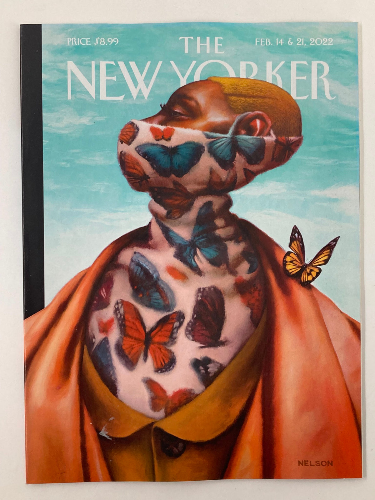 Cover of The New Yorker Full Magazine February 14 2022 titled 'High Style' illustrated by Kadir Nelson, featuring a figure adorned with colorful butterflies against a turquoise background, showcasing artistic elegance.