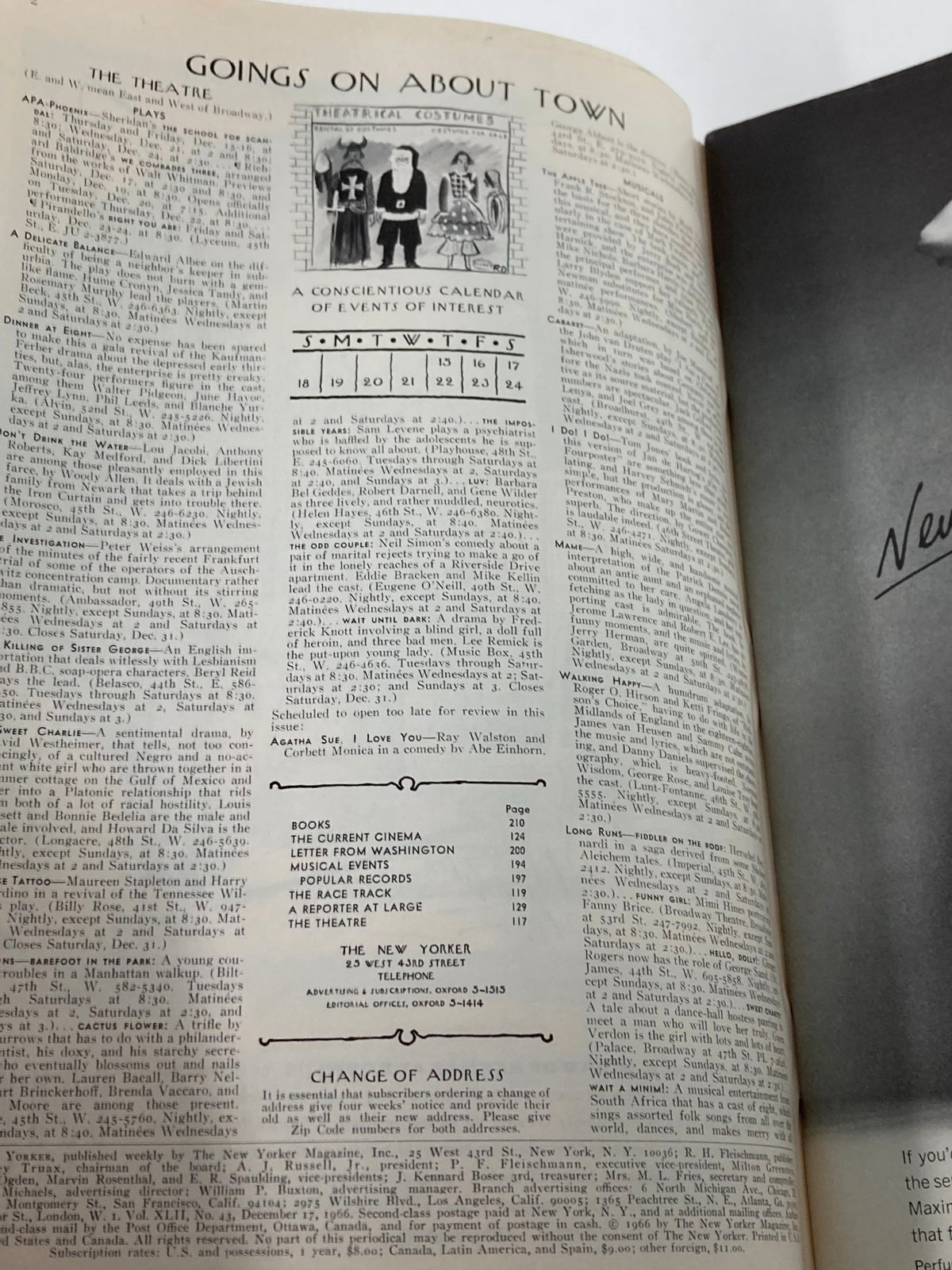 Inside page of The New Yorker magazine from December 17, 1966 featuring a calendar of events and theatrical costumes, showcasing the cultural richness of the era.