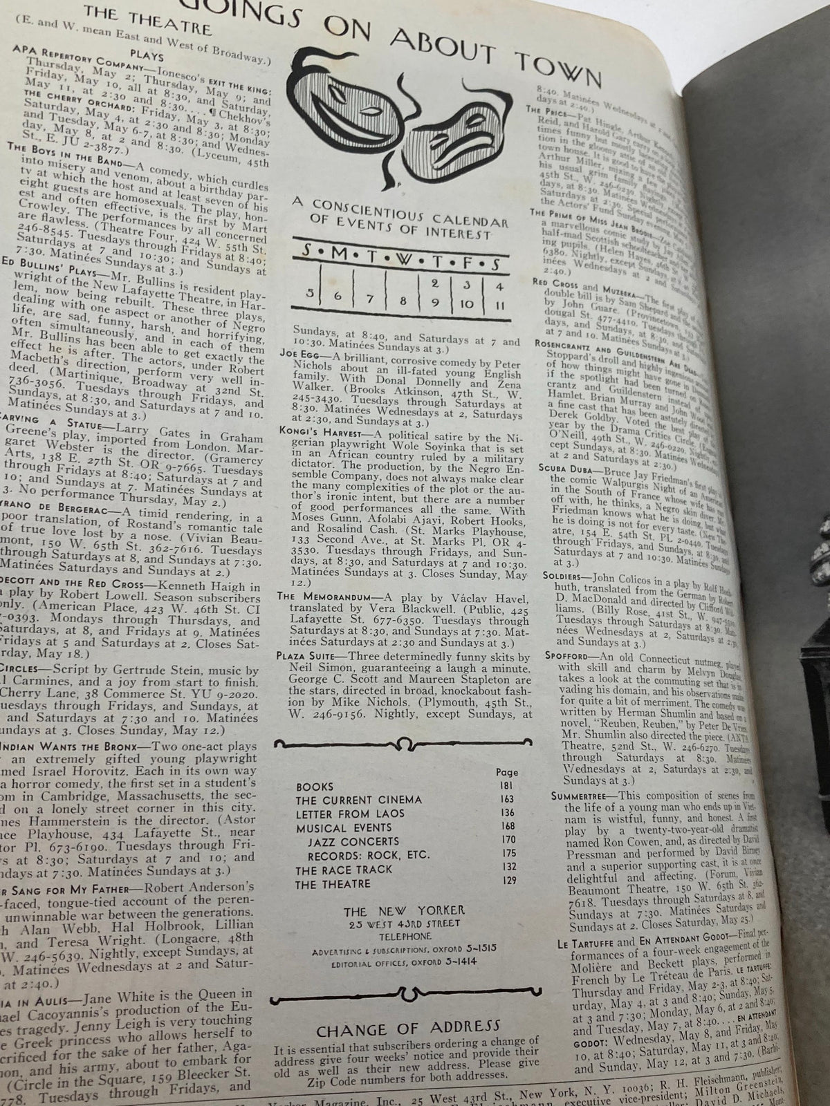 Interior page of The New Yorker magazine, May 4, 1968, featuring event listings and a calendar of happenings.