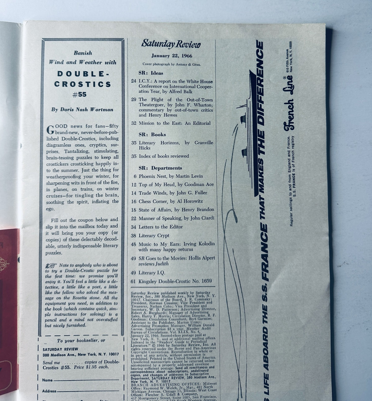 Table of contents from Saturday Review Magazine January 22, 1966 detailing various articles including I.C.Y. and other features.