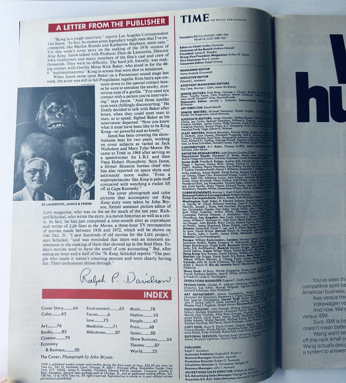 Inside page of Time Magazine October 25, 1976, includes a letter from the publisher and an index of the magazine's contents.