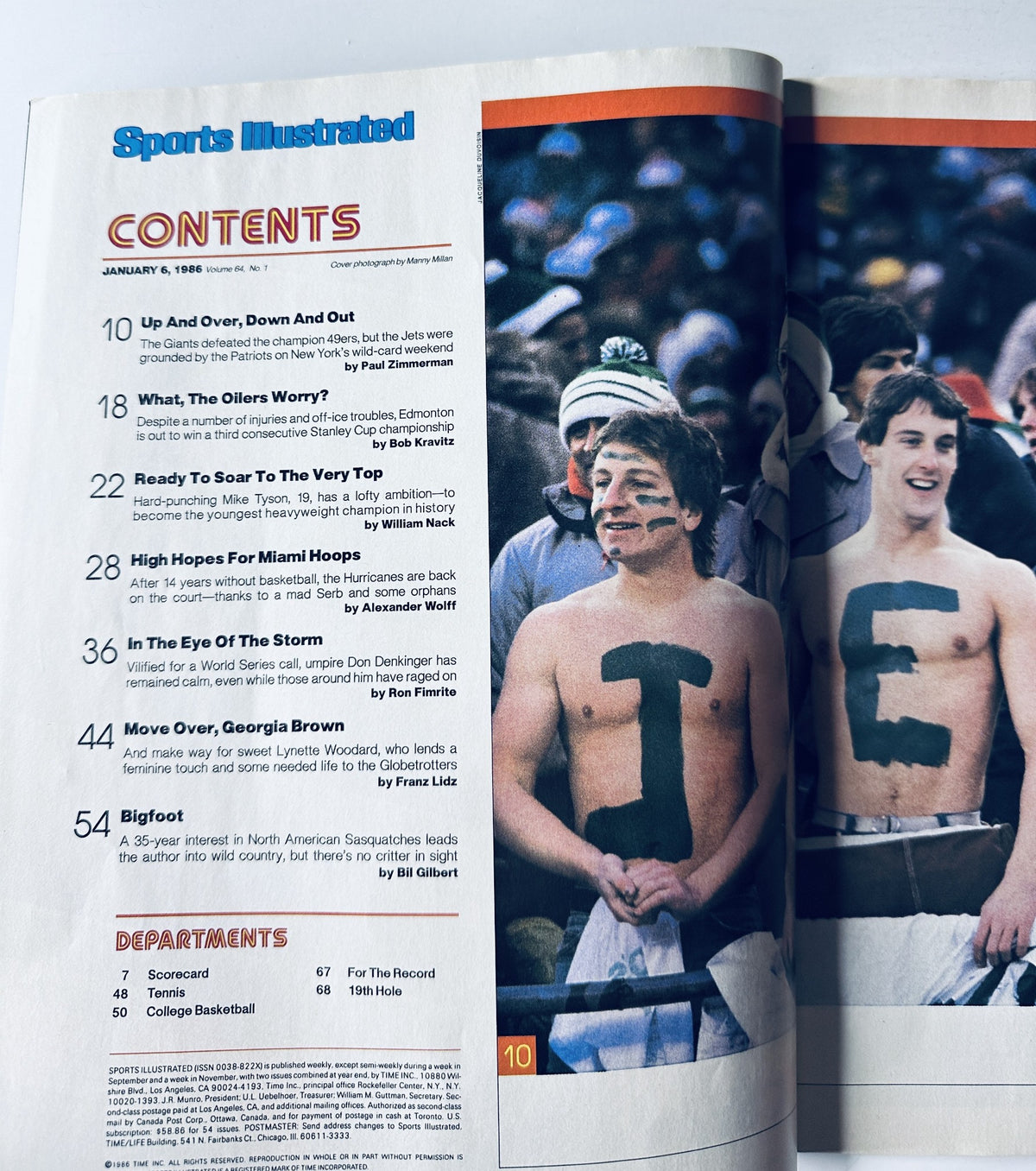 Table of contents page from Sports Illustrated Magazine January 6, 1986, listing features including Mike Tyson, Kid Dynamite, and various sports articles.