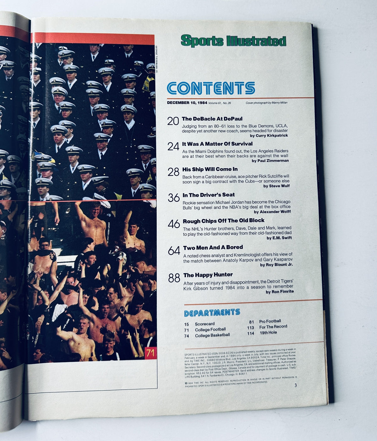 Interior page of Sports Illustrated Magazine from December 10, 1984 showcasing the Table of Contents. The page lists articles including those about Michael Jordan and his influence in the NBA, emphasizing the magazine's detailed coverage.