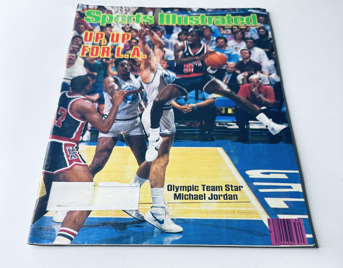 Front cover of Sports Illustrated Magazine July 23, 1984, highlighting Olympic Team star Michael Jordan in an action shot on the basketball court.