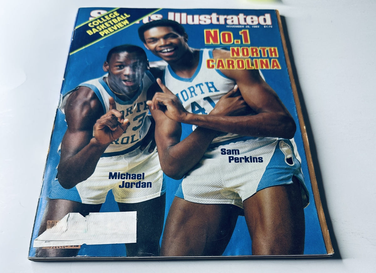 Sports Illustrated Magazine cover from November 28, 1983 featuring Michael Jordan and Sam Perkins. This cover promotes the College Basketball Preview and emphasizes their iconic status as a powerful duo for North Carolina.