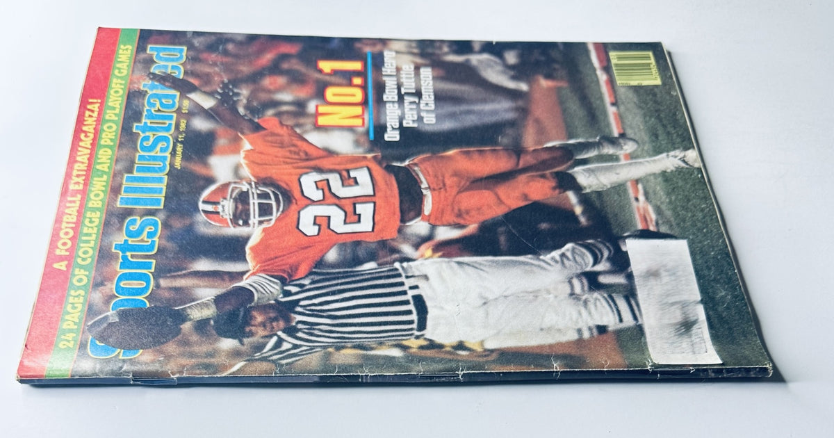 Alternate view of the Sports Illustrated Magazine January 11, 1982 cover showing Perry Tuttle of Clemson, noted as No. 1, in a dynamic football celebration pose.