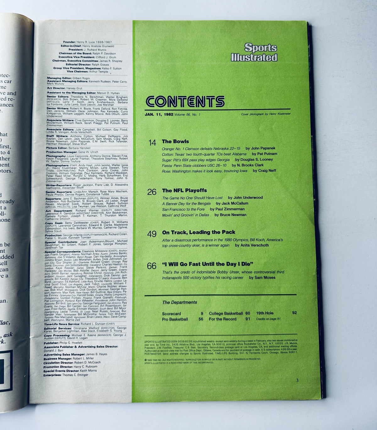 Table of contents page from Sports Illustrated Magazine January 11, 1982, detailing articles about college bowls and the NFL playoffs, with emphasis on Clemson's Orange Bowl win.
