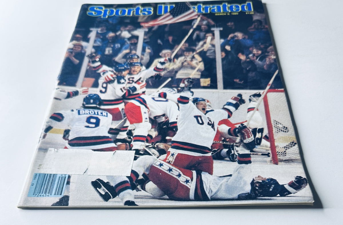Front cover of Sports Illustrated Magazine, March 3, 1980, showcasing an iconic USA Hockey team celebration after winning gold at the Winter Olympics.