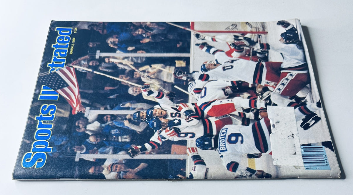 Side view of Sports Illustrated Magazine, March 3, 1980, displaying the cover image of the USA Hockey team celebrating their Olympic victory.