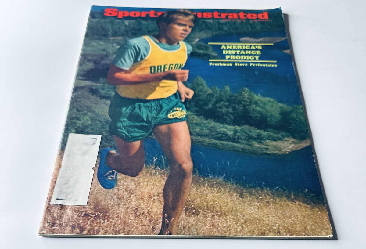 Another angle of the cover from Sports Illustrated Magazine dated June 15, 1970, showcasing America's Distance Prodigy, Freshman Steve Prefontaine, in action.
