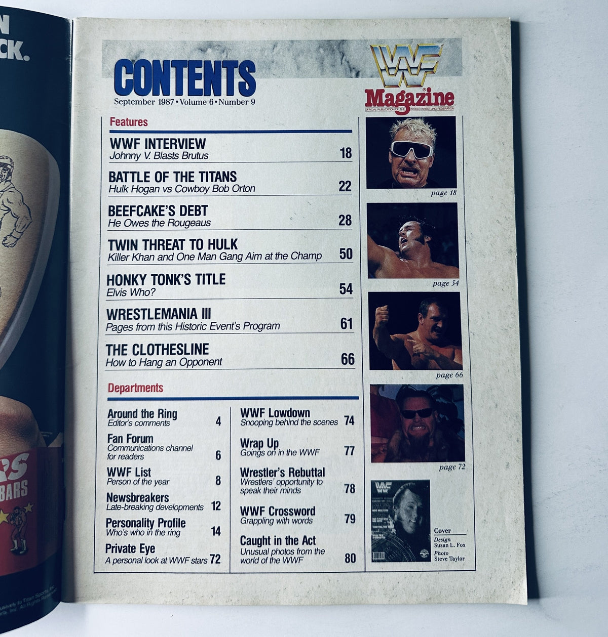 Table of contents from WWF Magazine September 1987, listing featured articles including Honky Tonk's title and Hulk Hogan's matches.