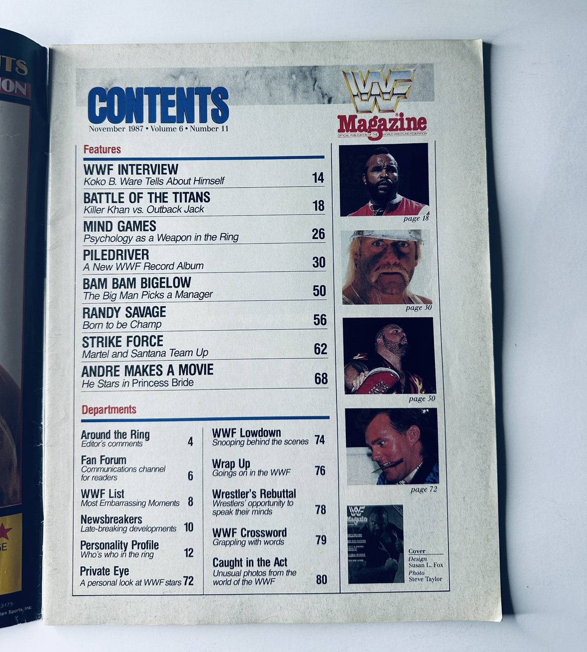 Table of contents page from WWF Magazine November 1987, listing featured articles including Koko B. Ware, Randy Savage, and more.