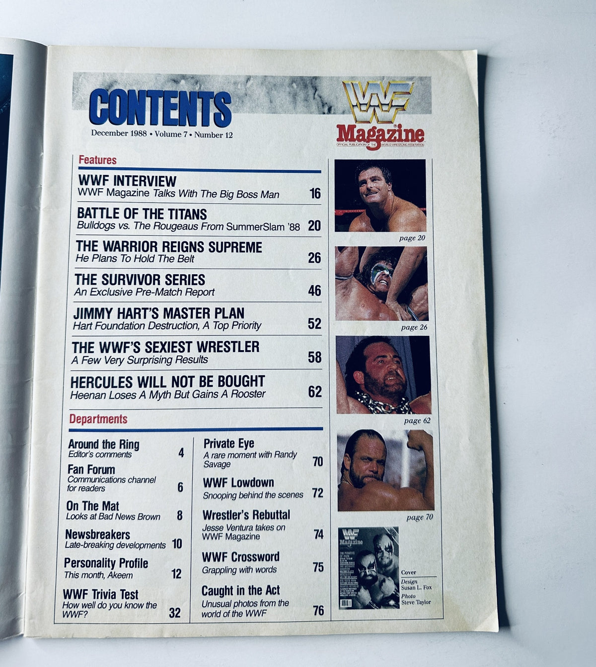 Table of contents from WWF Magazine December 1988 detailing featured articles such as WWF Interview with Big Boss Man and The Warrior Reigns Supreme.