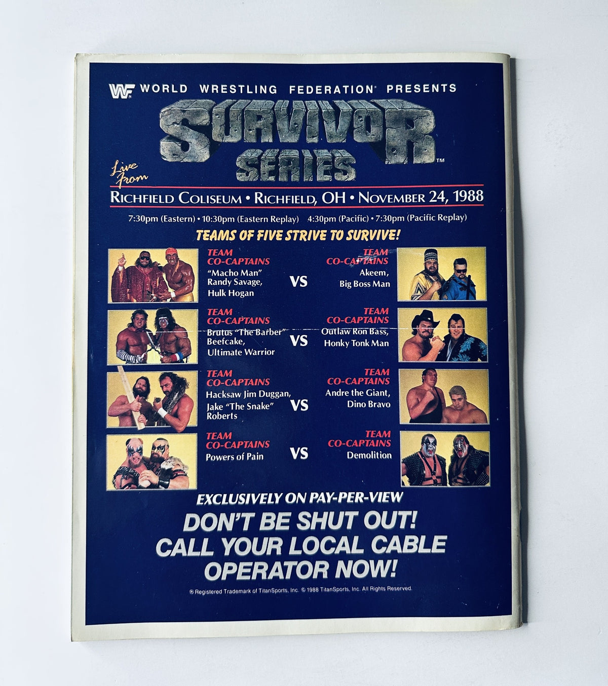 Back cover of WWF Magazine December 1988 promoting the Survivor Series event, listing matchups and details about the pay-per-view broadcast.