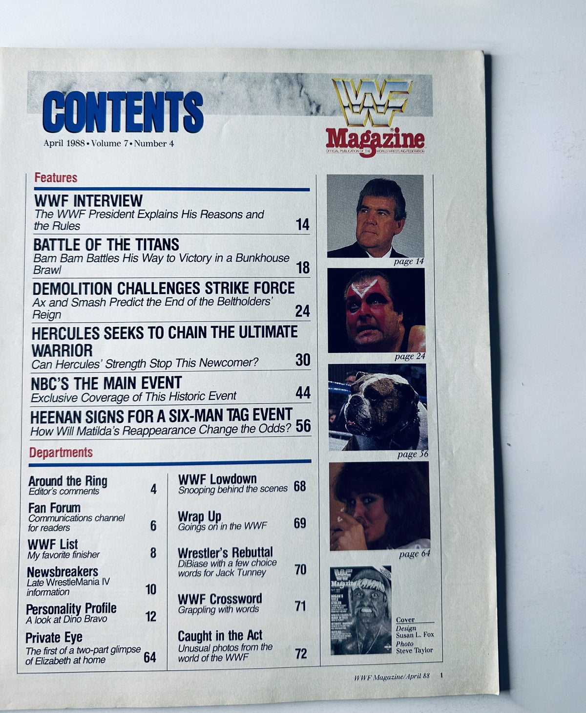 Table of contents from WWF Magazine April 1988, listing features like WWF Interview, Battle of the Titans, and Demolition challenges.
