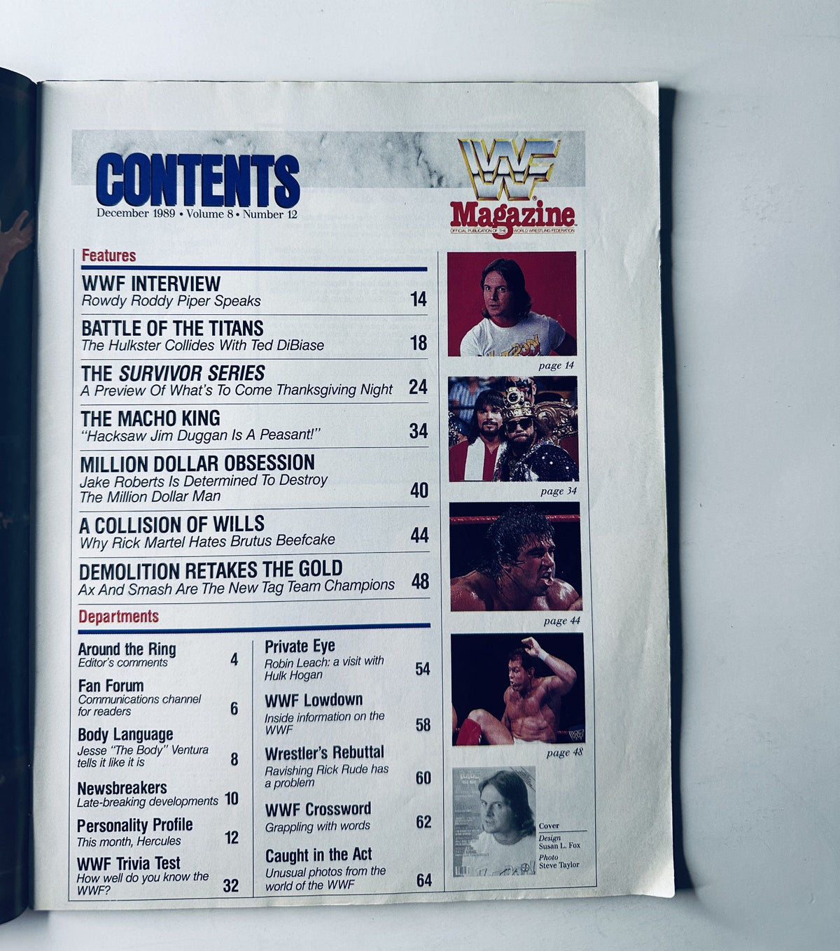 Table of contents from WWF Magazine December 1989 listing features like Rowdy Roddy Piper interview and Survivor Series preview.