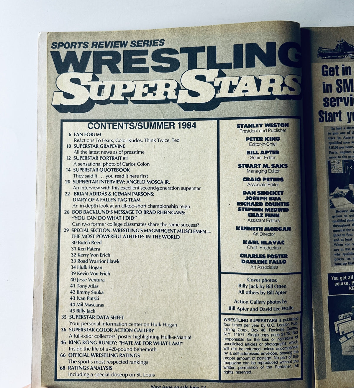 Wrestling Superstars Magazine Summer 1984 showcasing the Table of Contents, featuring articles like FAN FORUM, SUPERSTAR GRAPEVINE, and an interview with ANGELO MOSCA JR., highlighting wrestling history and culture.