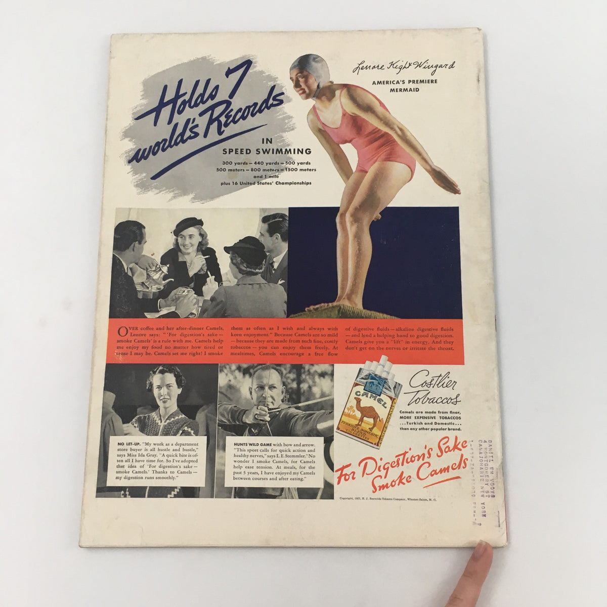 Back cover of VTG Life Magazine from July 19, 1937, displaying an advertisement for Camel cigarettes featuring swimmer Jeanne Killian, highlighting her record-holding swimming achievements.