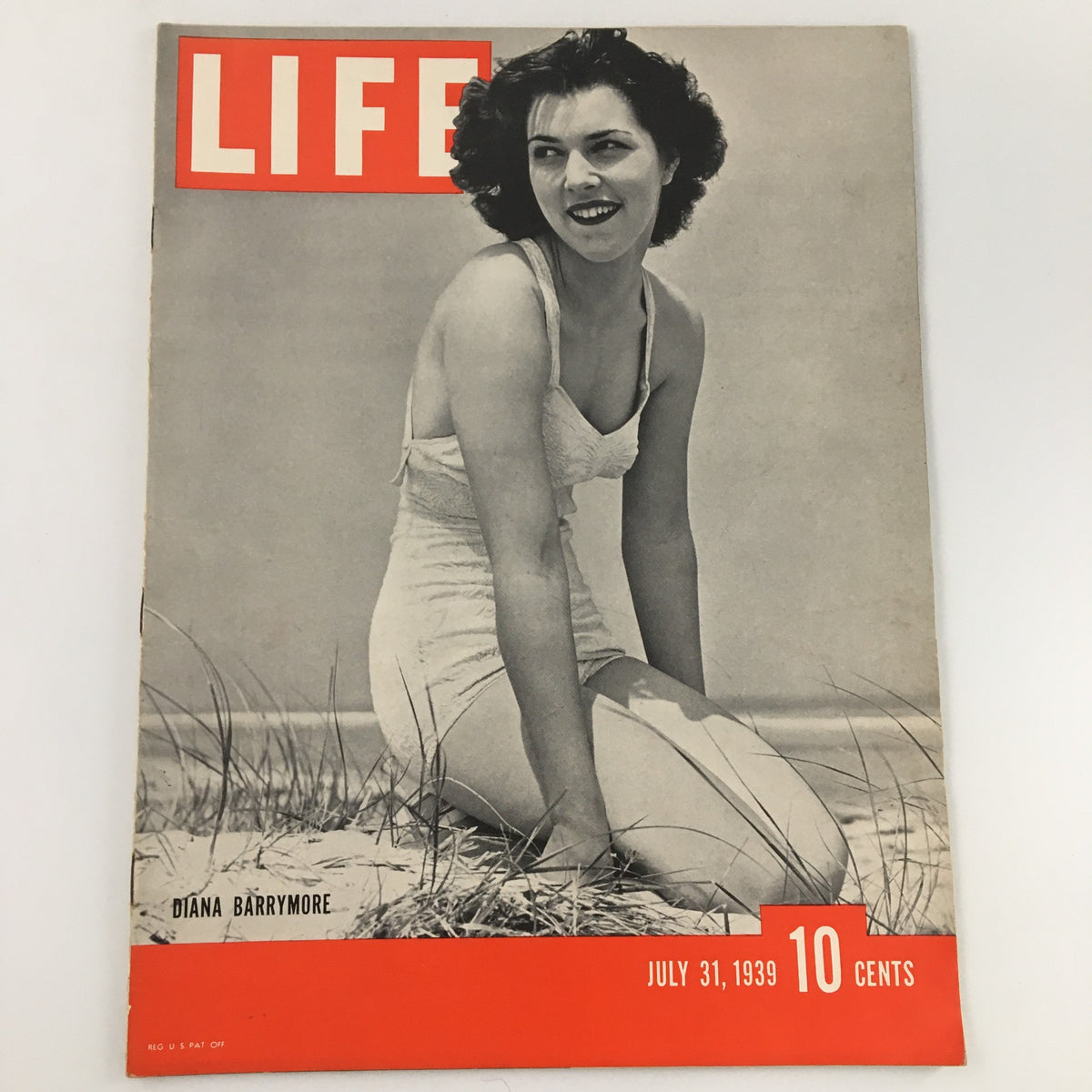 VTG Life Magazine July 31 1939 featuring Diana Barrymore on the beach, showcasing her classic Hollywood glamour and style.
