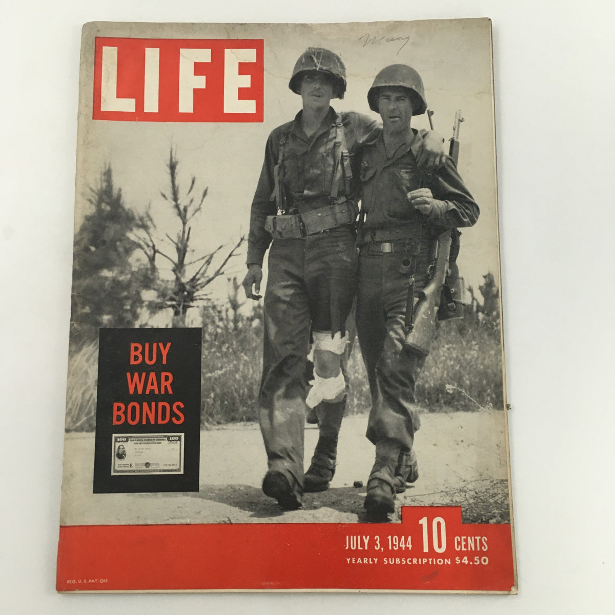 Cover of VTG Life Magazine July 3 1944 featuring soldiers with a caption 'Buy War Bonds' in Normandy, highlighting WWII history and vintage magazine appeal.