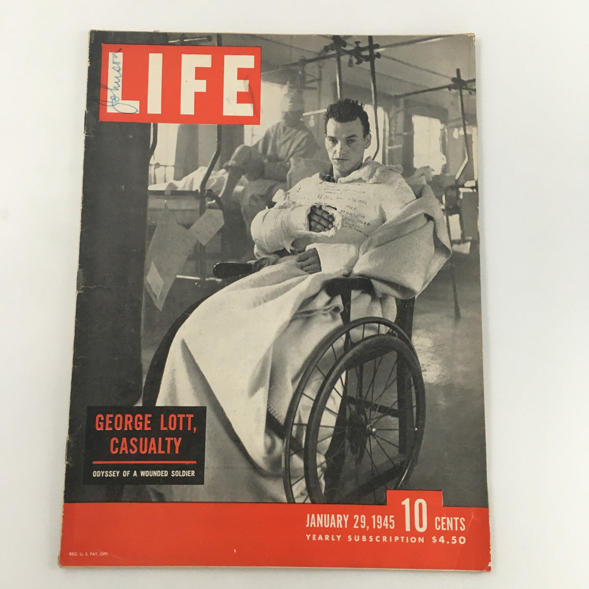 LIFE Magazine January 29, 1945 - Cover featuring George Lott, a wounded soldier, in a wheelchair, showcasing the headline 'George Lott, Casualty: Odyssey of a Wounded Soldier'