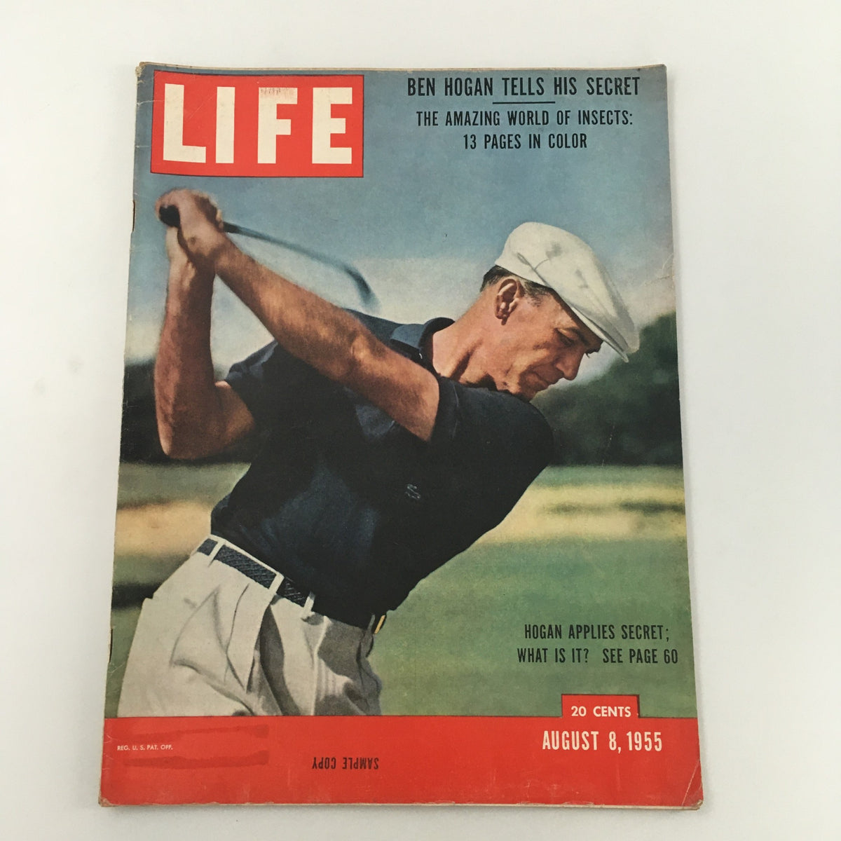 VTG Life Magazine August 8 1955 featuring Ben Hogan on the cover, showcasing his secrets of golf success, with an image of Hogan in action, swinging a golf club.