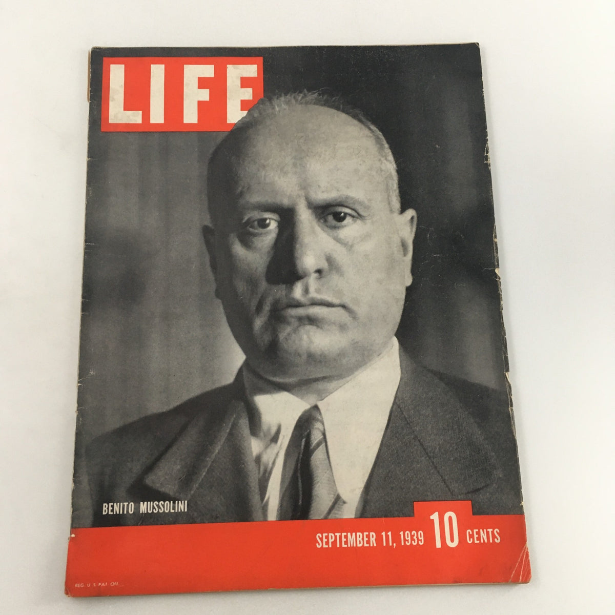 VTG Life Magazine cover from September 11, 1939 featuring Prime Minister Benito Mussolini, showcasing a black and white portrait with bold red text.