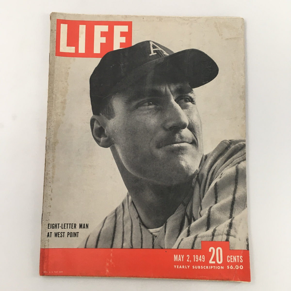 VTG Life Magazine May 2 1949 cover featuring Arnold Galiffa, an Eight-Letter Man at West Point, showcasing a vintage photo of him wearing a baseball cap with the 'A' insignia.