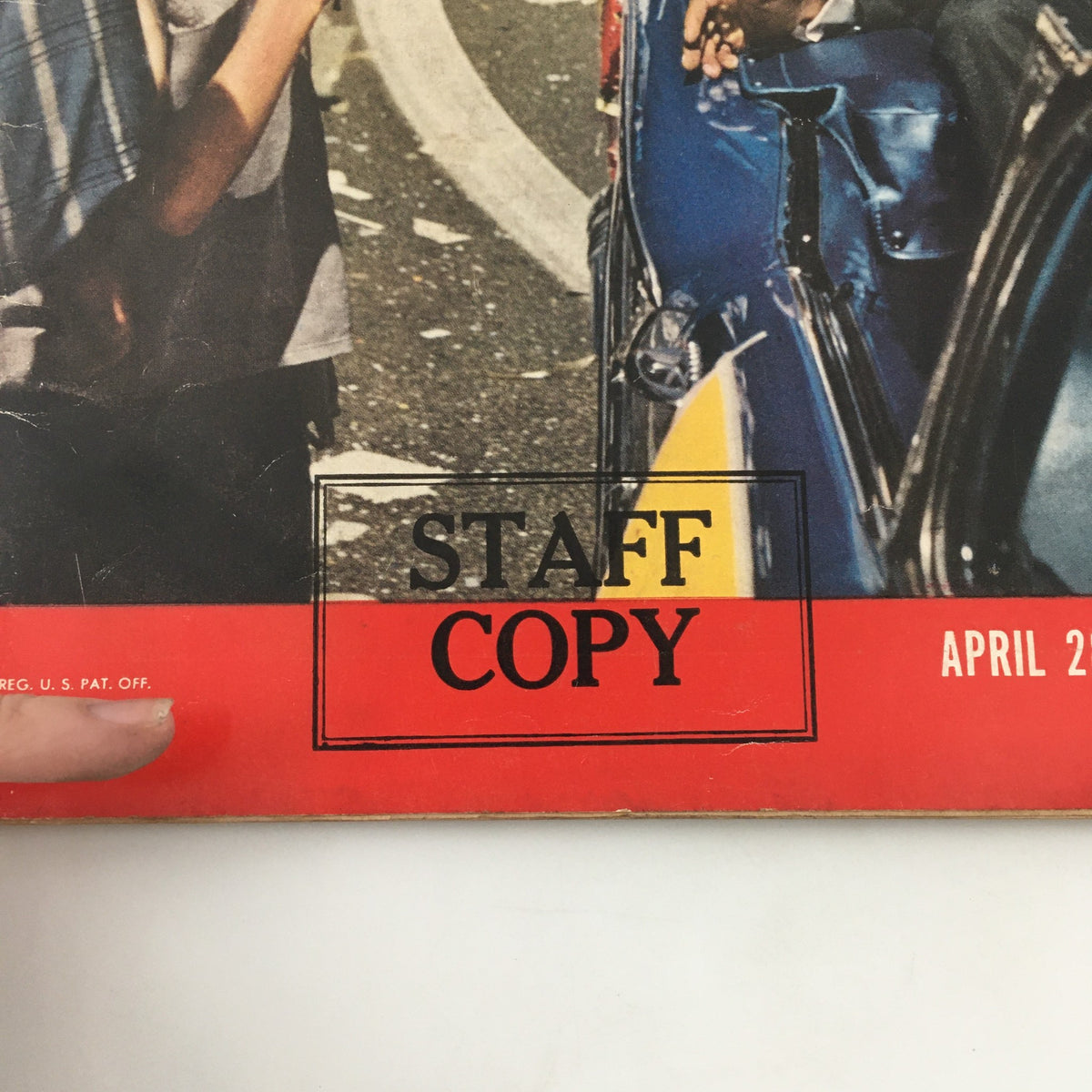 Close-up of the Life Magazine cover dated April 28, 1958, highlighting Willie Mays leading the Giants into San Francisco, with a visible 'STAFF COPY' marker.