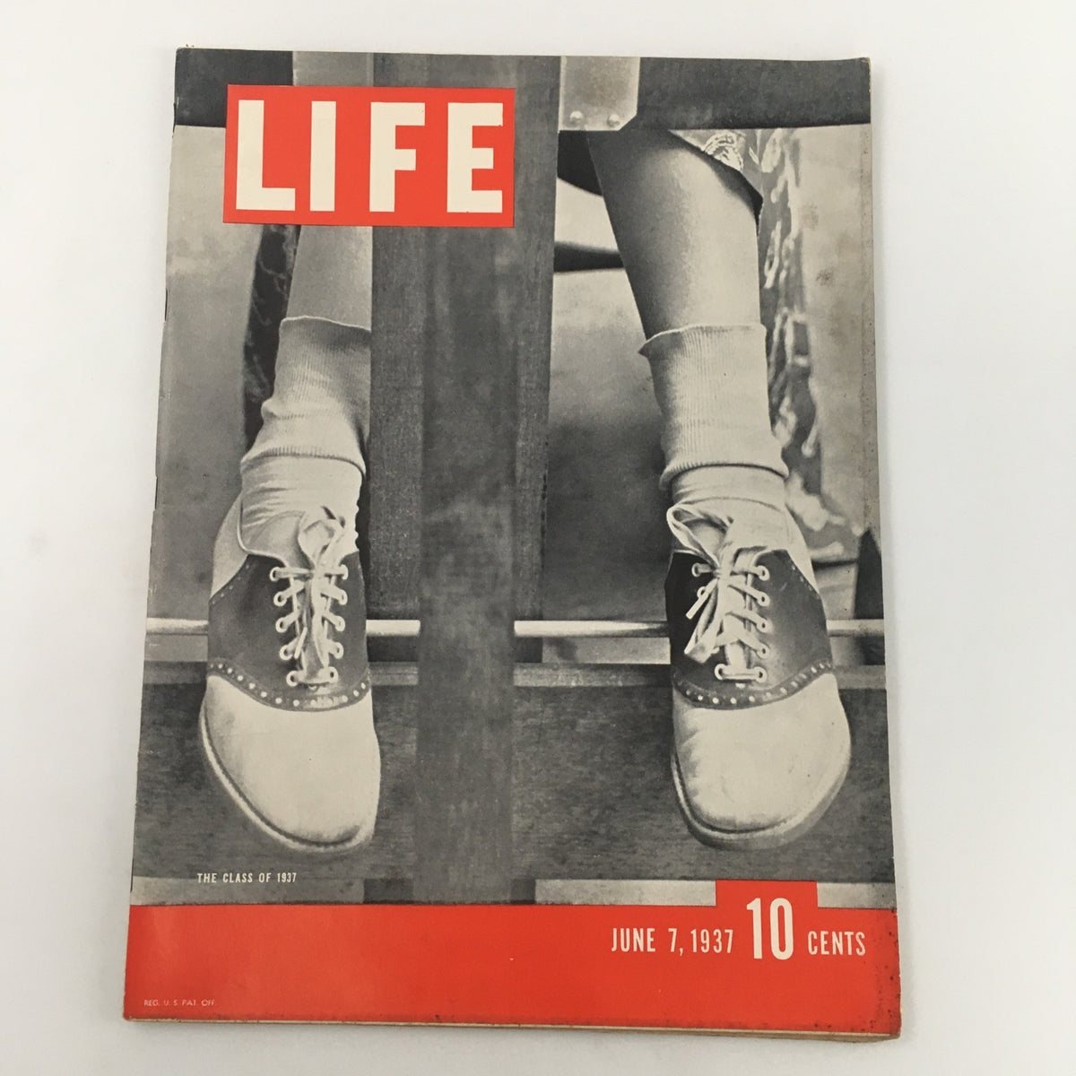 Cover of VTG Life Magazine from June 7, 1937 featuring 'The Class of the Year 1937', showcasing vintage footwear and iconic red and white branding, reflecting the era's design.