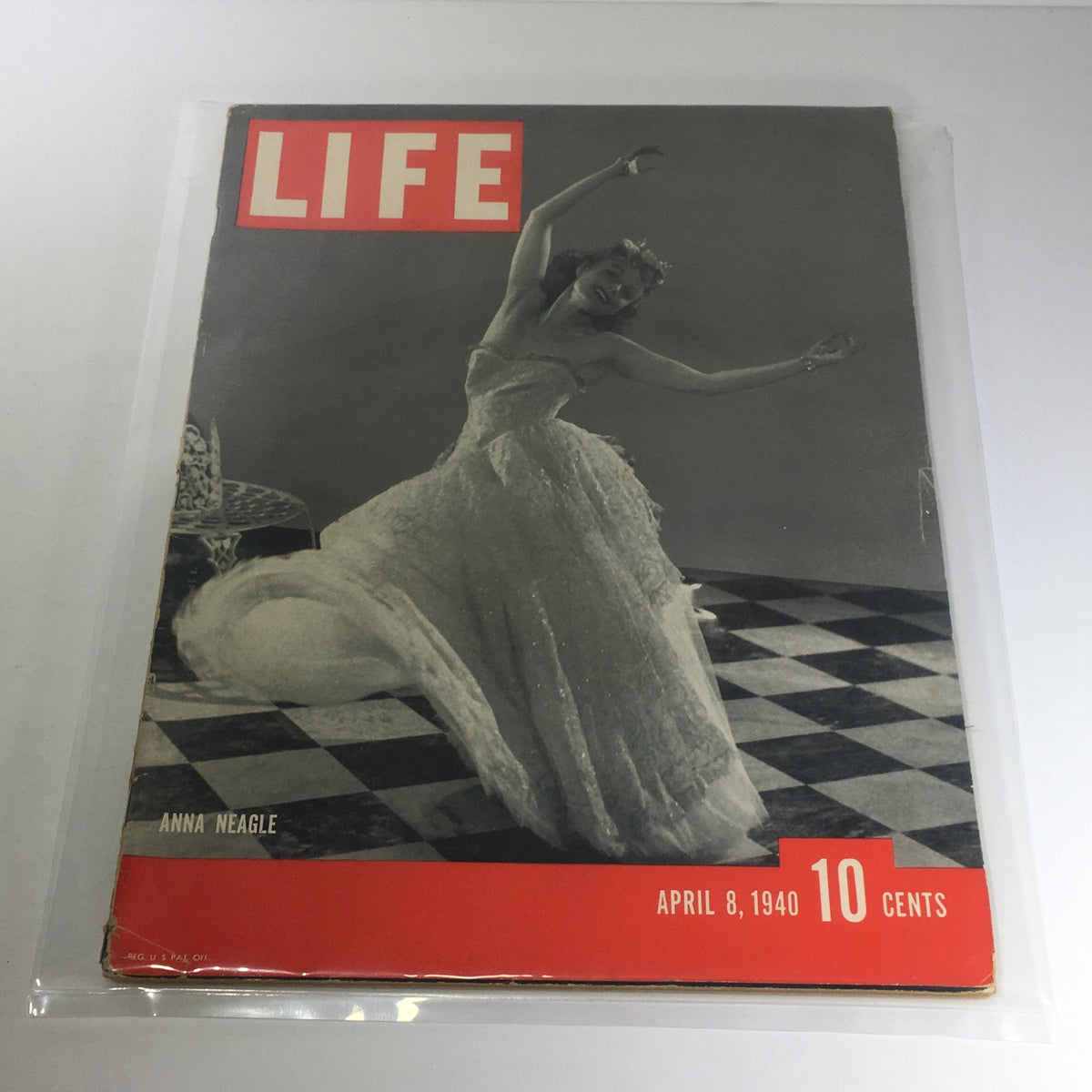 Vintage Life Magazine: April 8 1940 featuring Anna Neagle on the cover, showcasing her in an elegant dress against a backdrop with a checkerboard pattern.